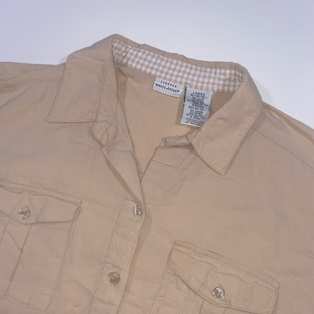 White Stag Women XL Tan Crinkle Short Sleeve Button Utility Shirt Gingham Trim‎